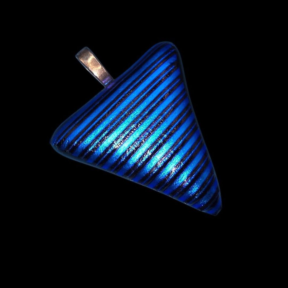 Vintage Handmade blue and black striped dichroic glass pendant.